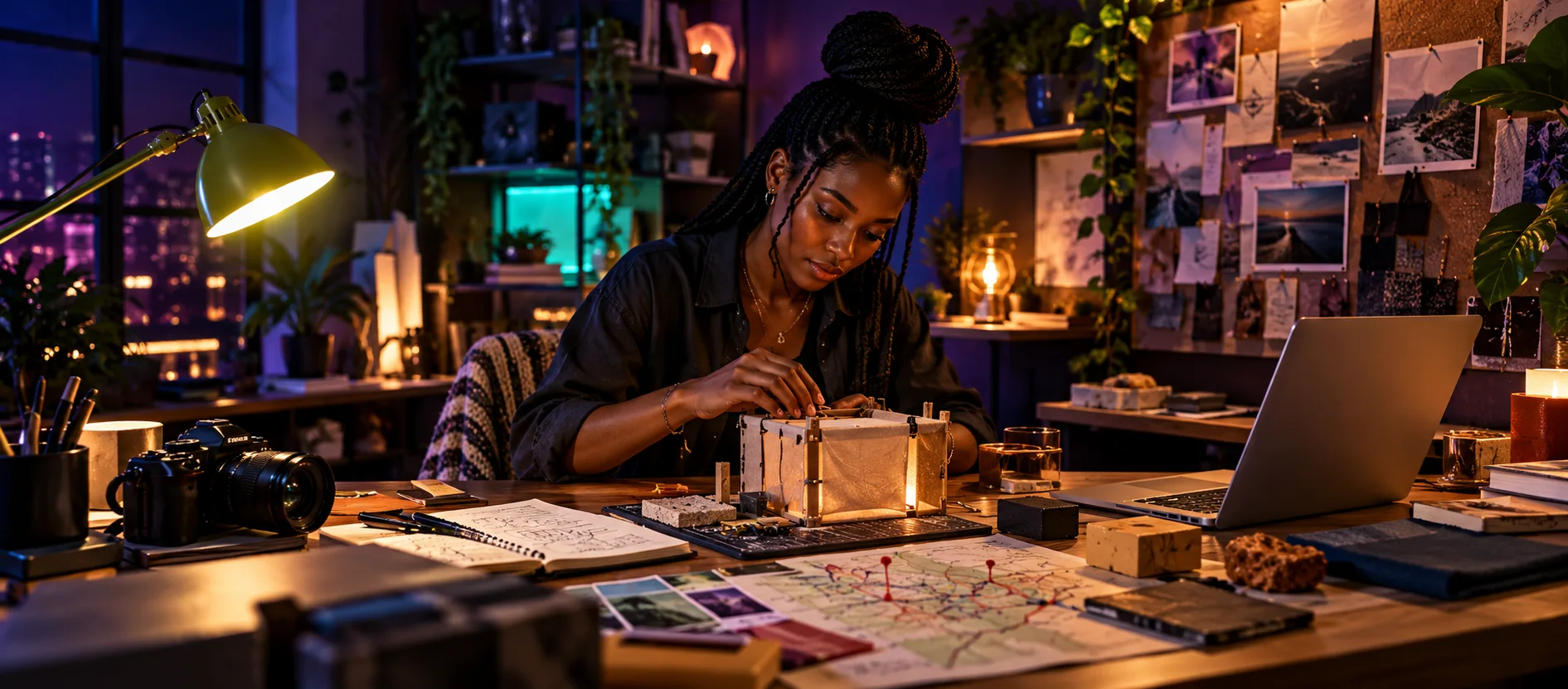 An African creator building a physical prototype at an organized project desk