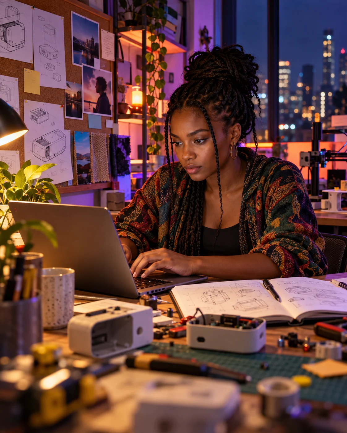A creator focused on building a product prototype in her studio