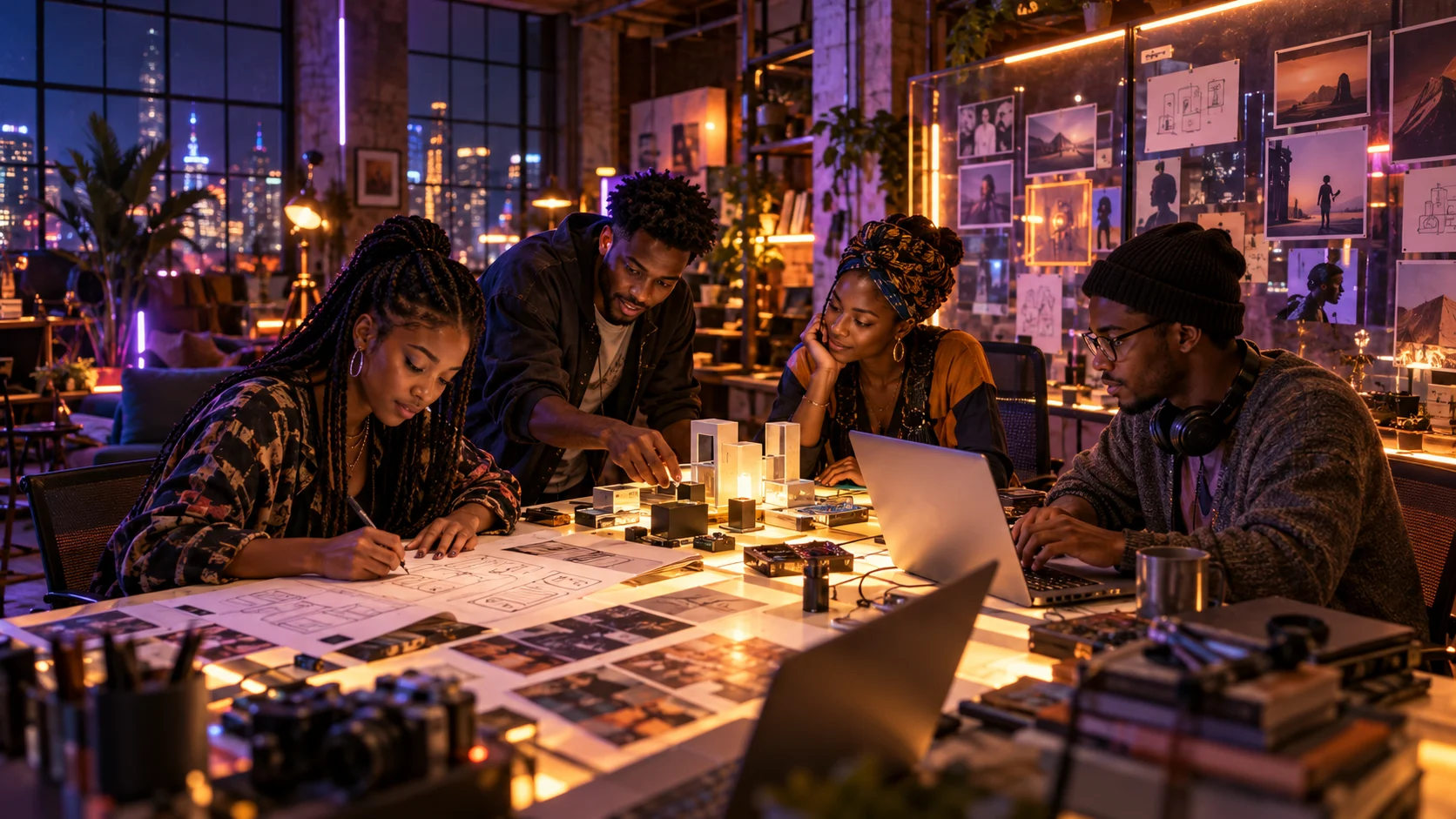 A team of African creators prototyping together in a cinematic maker studio