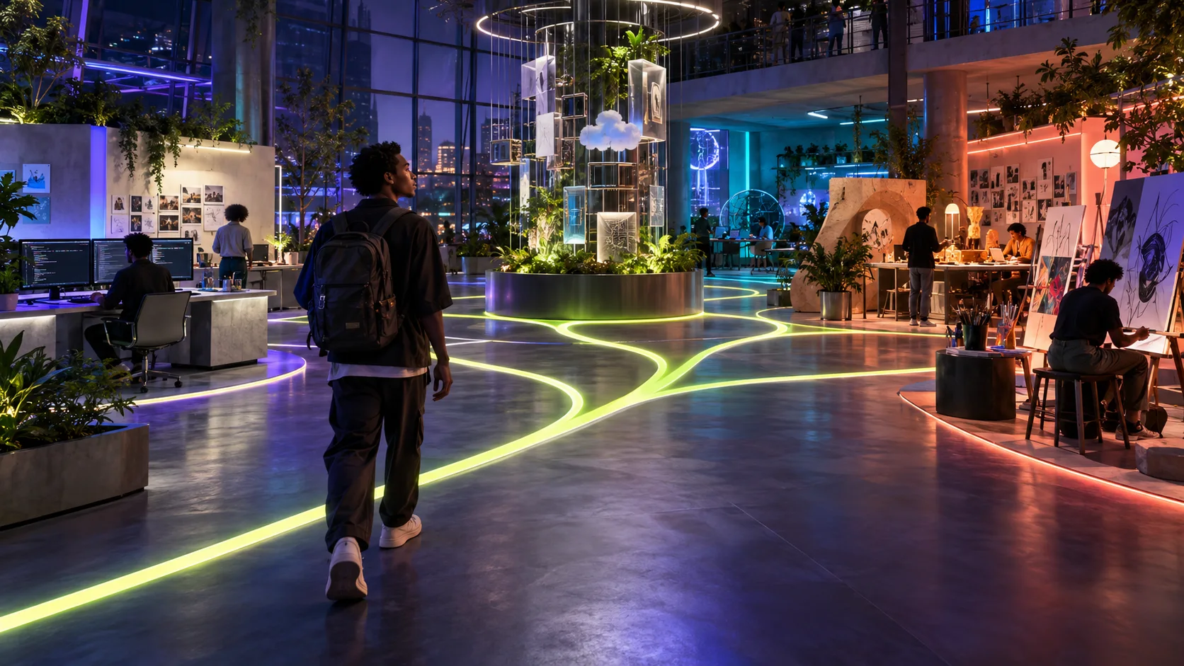 An African creator exploring a luminous multidisciplinary creator lab